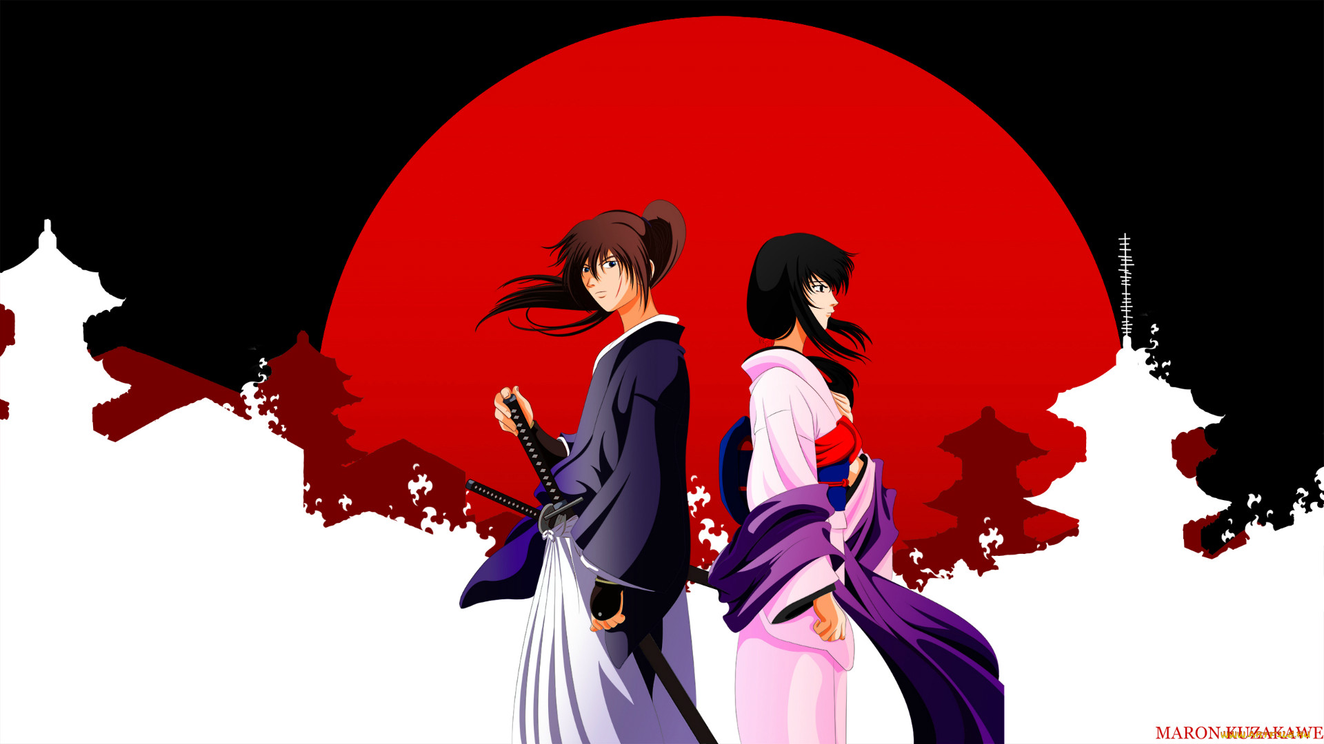 Обои Аниме Rurouni Kenshin, обои для рабочего стола, фотографии аниме,  rurouni kenshin, art, maron, kuzakawe, samurai, x, rurouni, kenshin, tomoe,  yukishiro, мечник, катана, кимоно, солнце, двое Обои для рабочего стола,  скачать обои